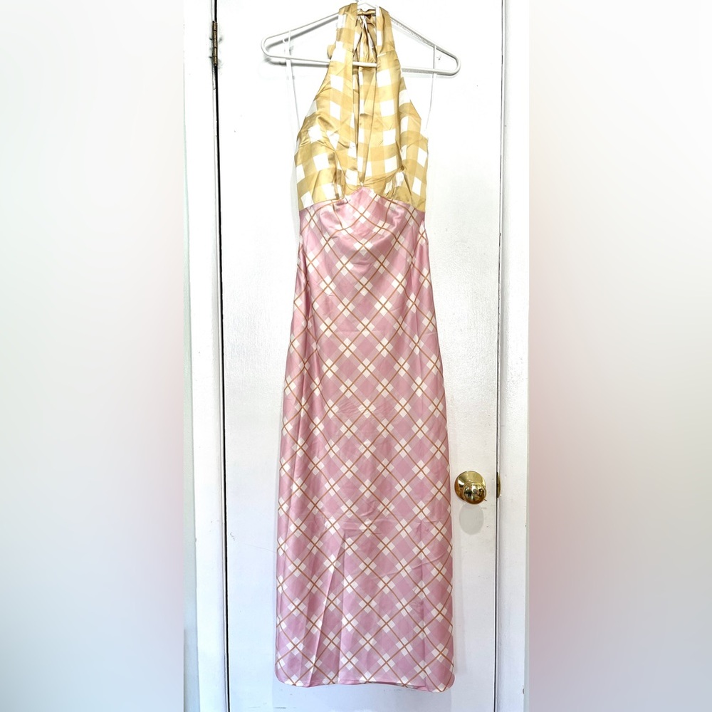 Picnic Plaid Satin Midi Dress Halter Y2K Slip AU 6 US XS - Picture 8 of 16